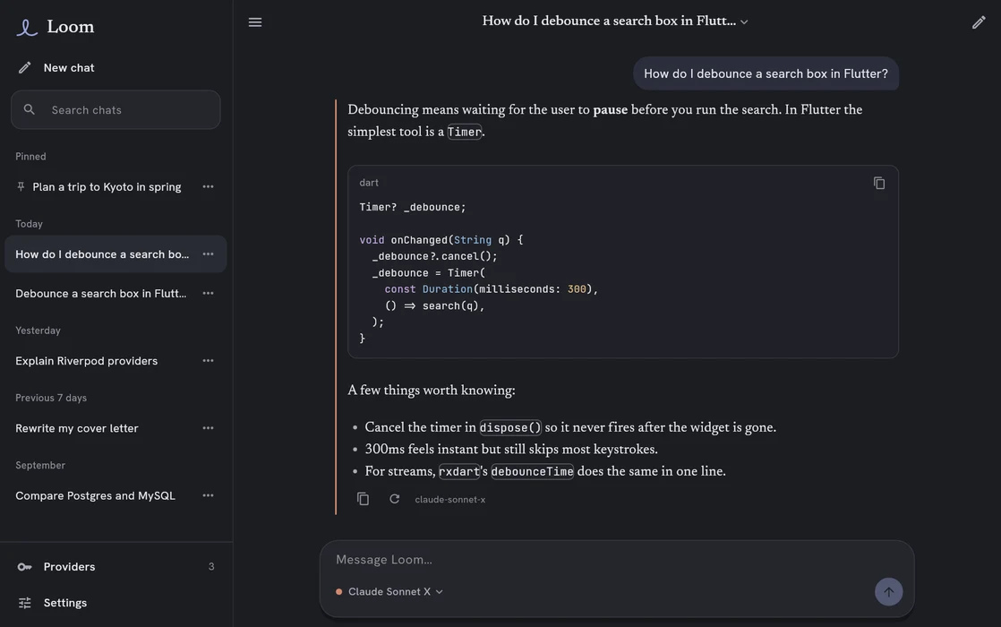The same Loom window in dark mode.