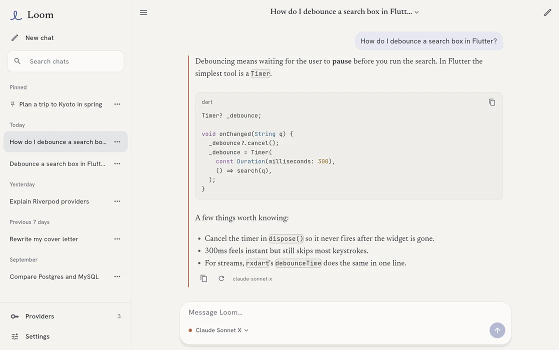 Loom on a desktop in light mode: a chat list on the left and a conversation about debouncing a search box in Flutter.